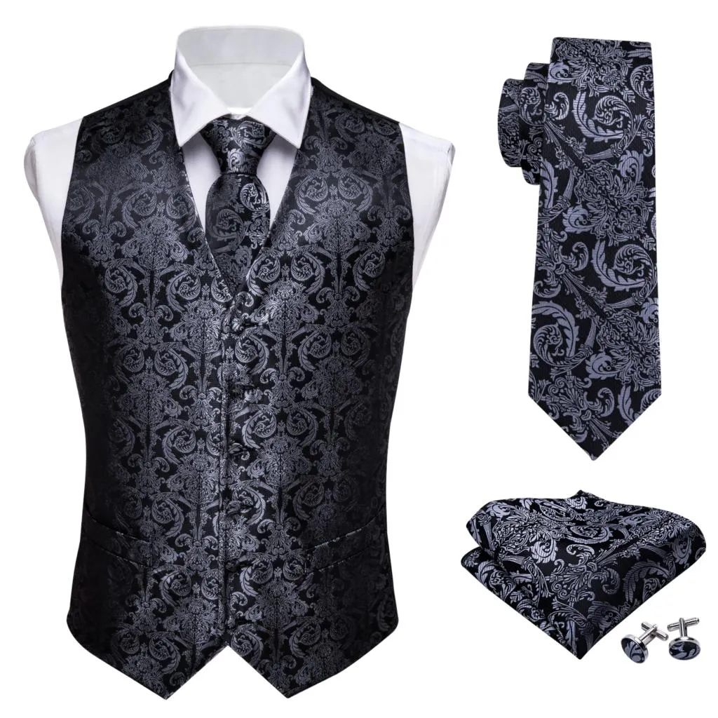 Designer Mens Classic Black Paisley Jacquard Silk Waistcoat Vests Handkerchief Tie Vest Suit Pocket Square Set